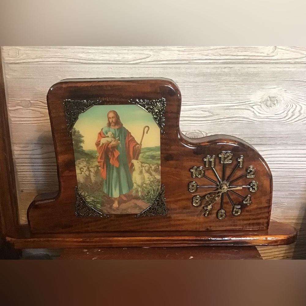 Vintage Wooden Religious Clock with Image of Jesus